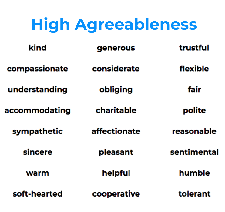 list of words describing high agreeableness or a highly agreeable personality
