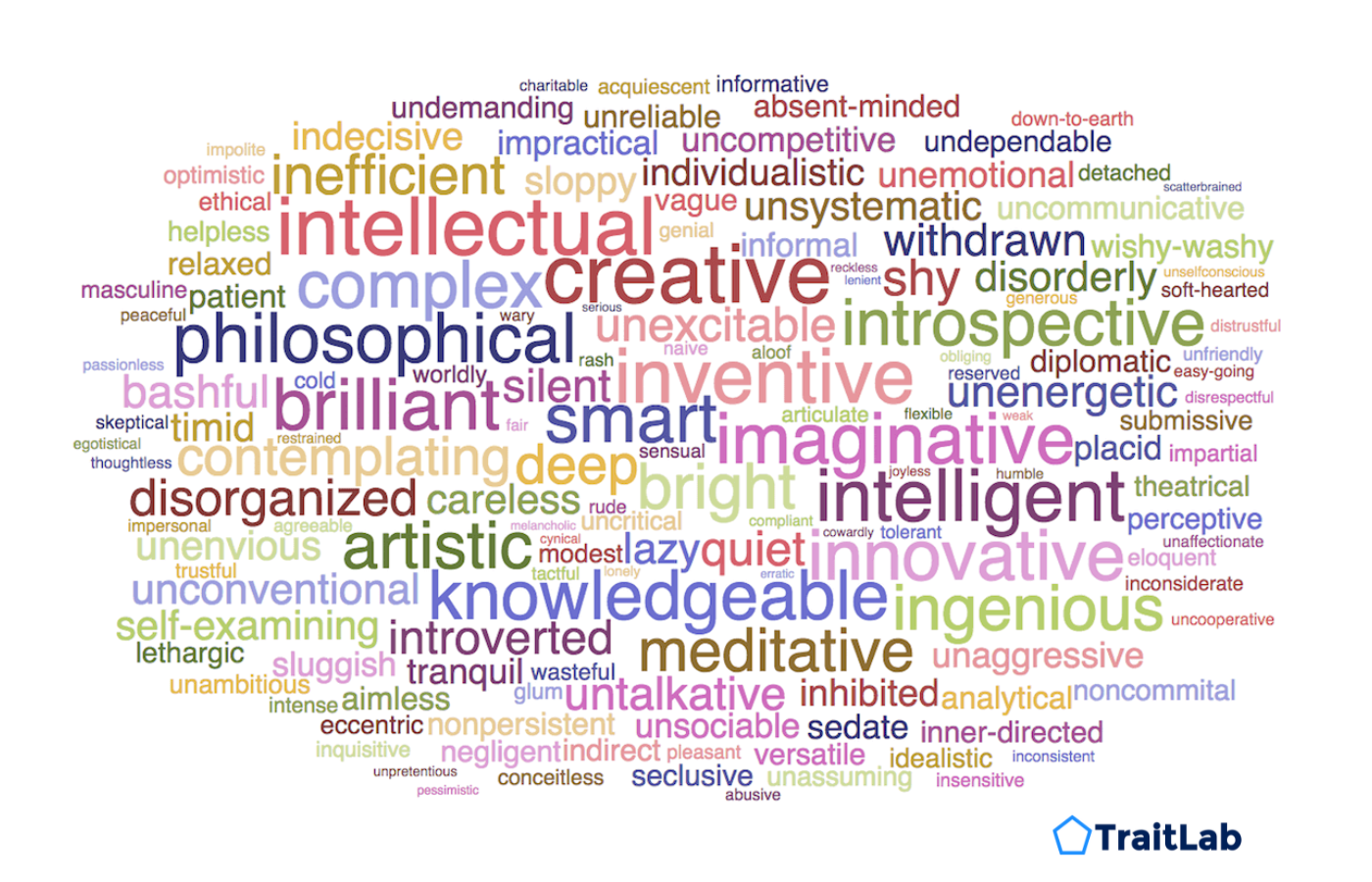 An example personality wordcloud from a free TraitLab account
