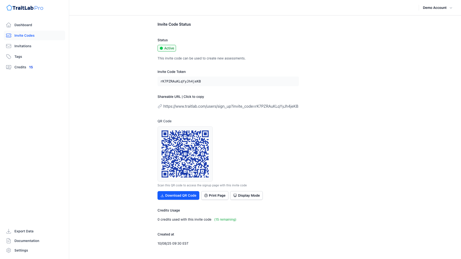 Invite code with QR code in TraitLab Pro
