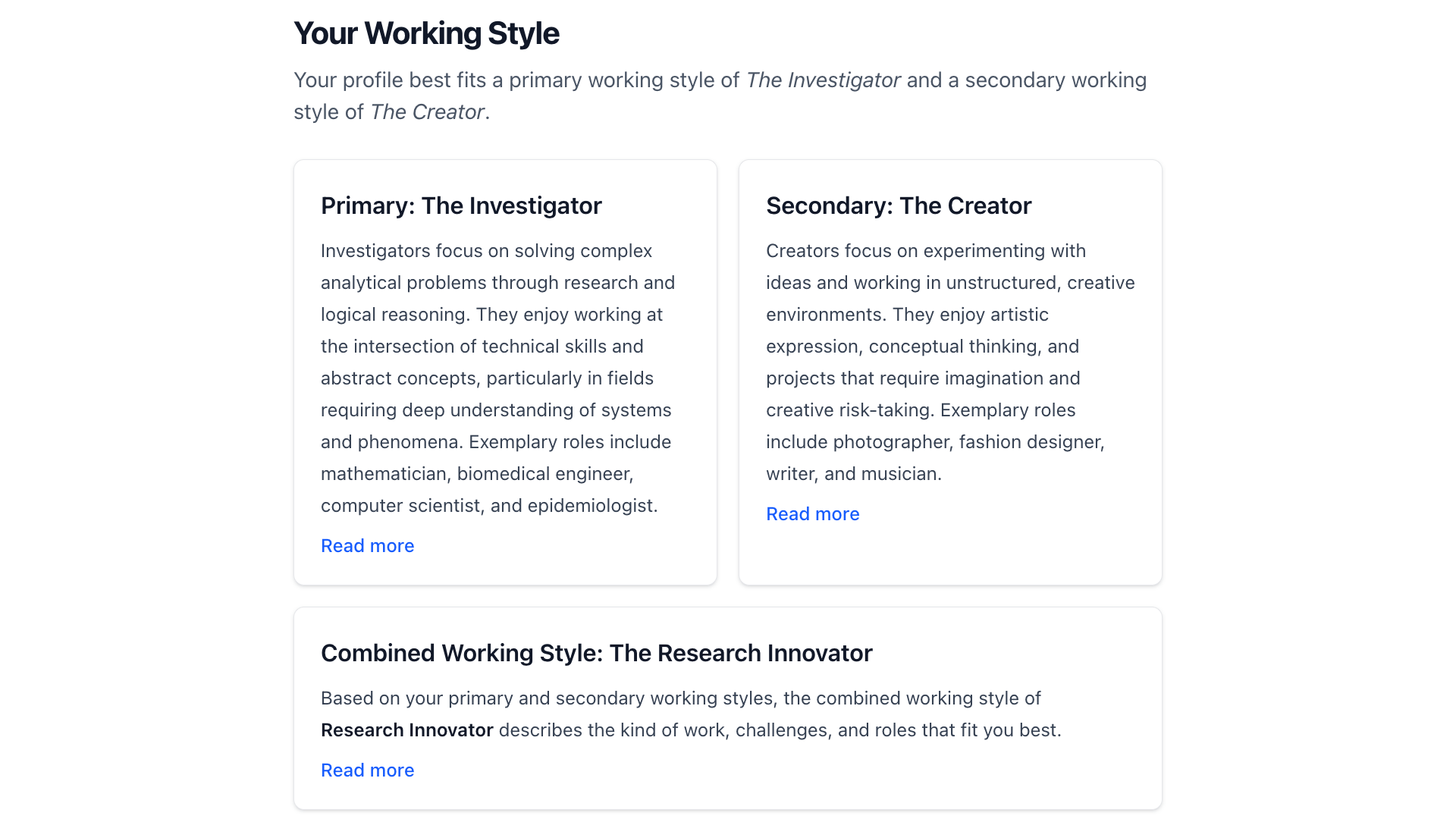 An example of a working style comparison in TraitLab Plus