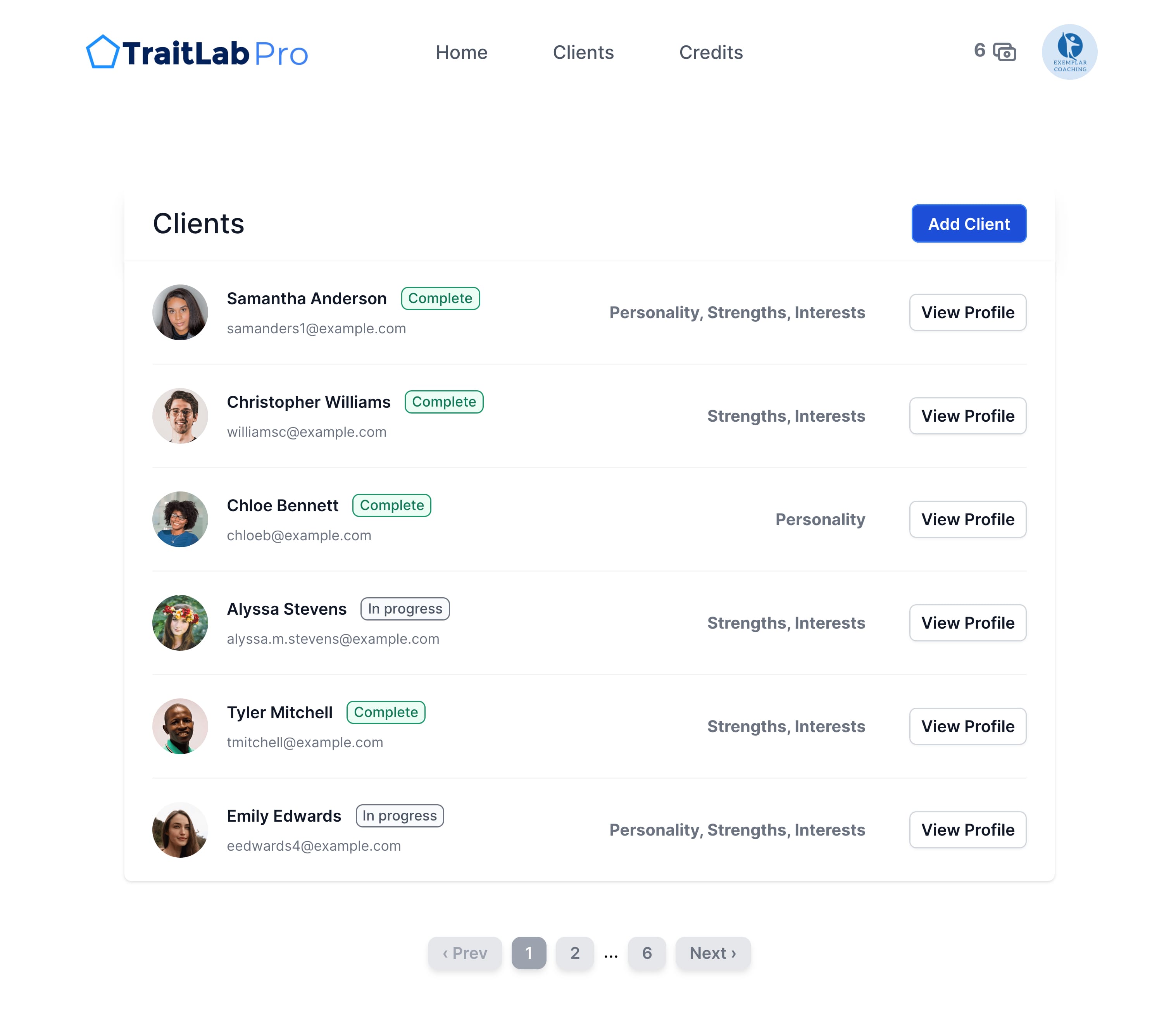 A screenshot of the clients dashboard in TraitLab Pro