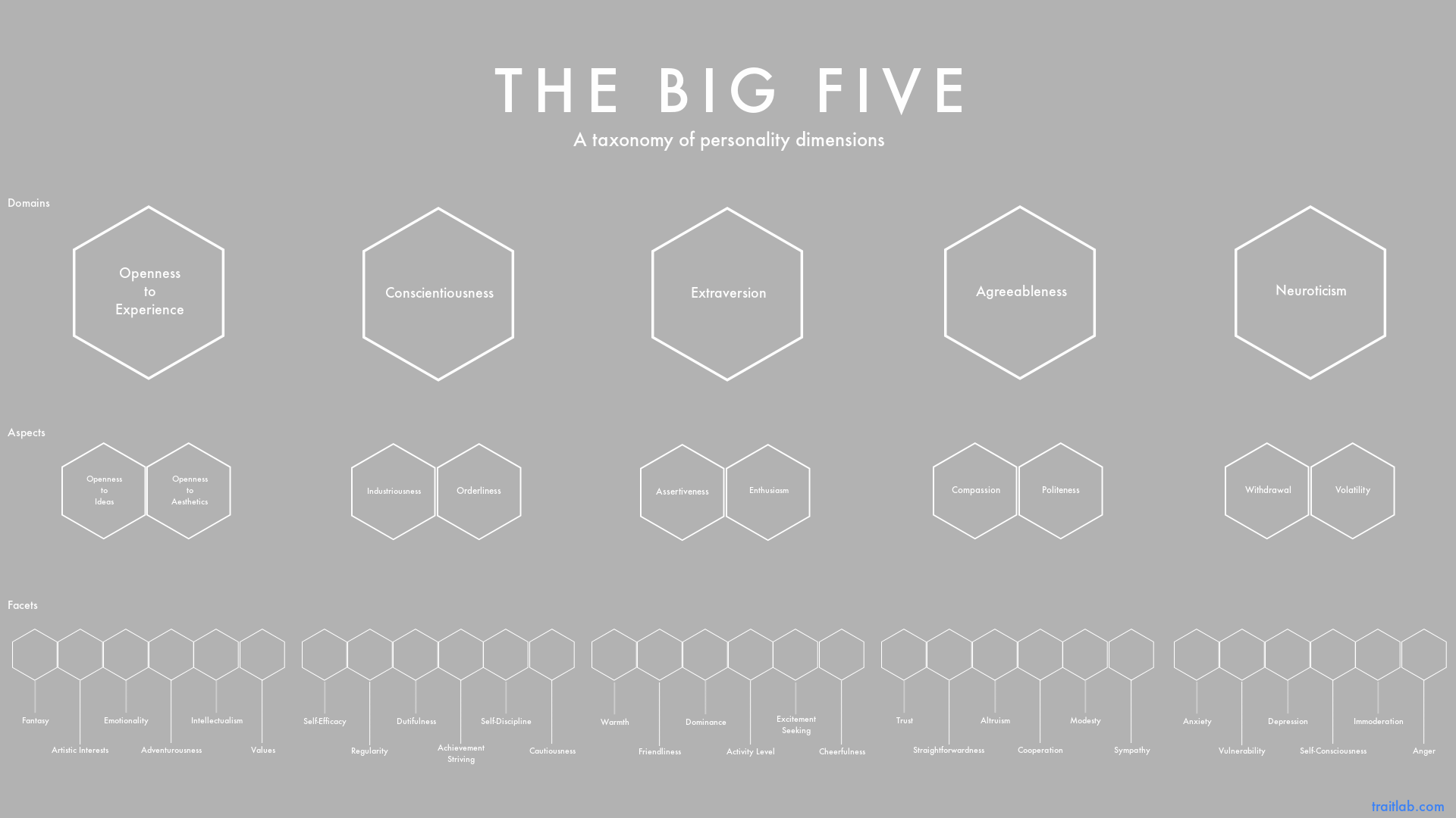 The Big Five personality framework includes domains, aspects, and facets