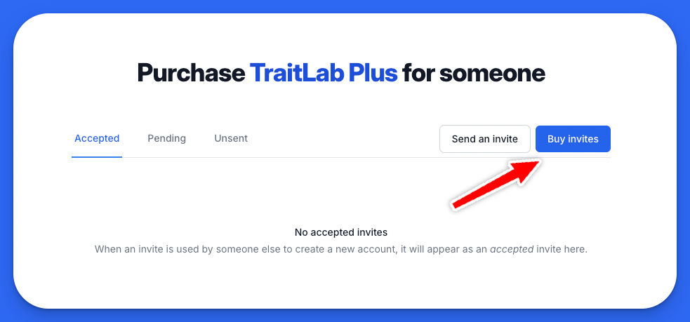 A screenshot of the buy invites button within TraitLab's Invites menu