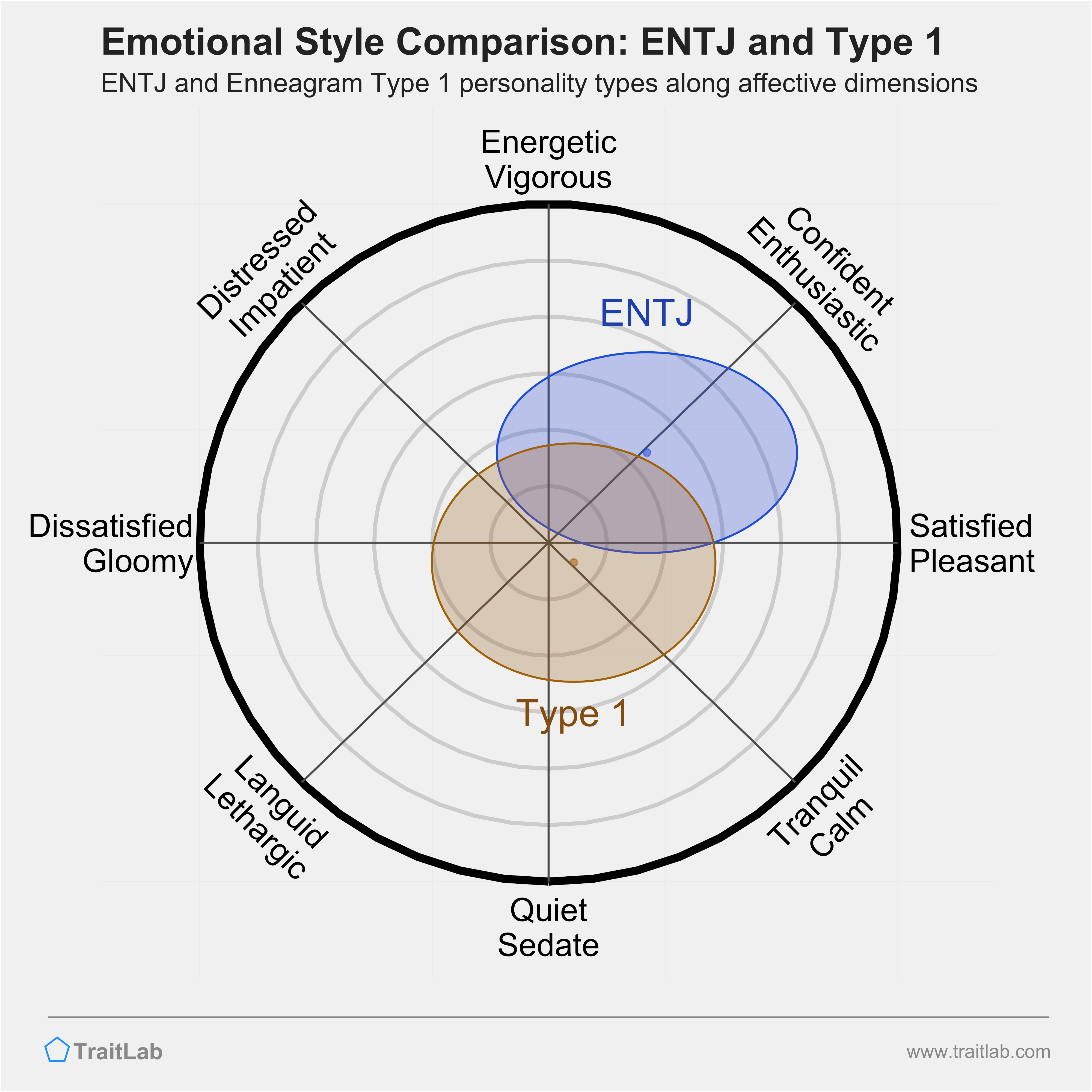 ENTJ and Type 1 comparison across emotional (affective) dimensions
