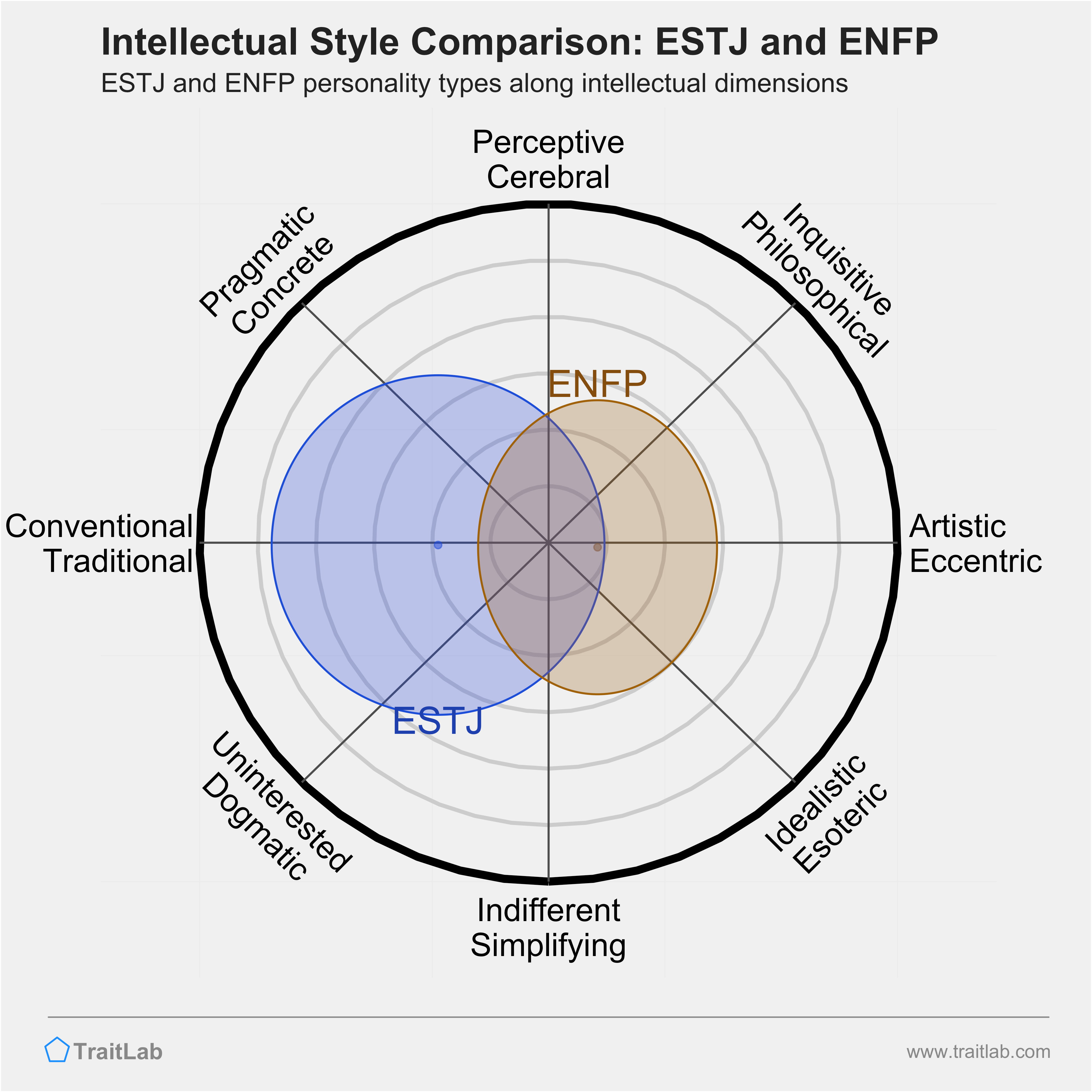 ESTJ and ENFP comparison across intellectual dimensions