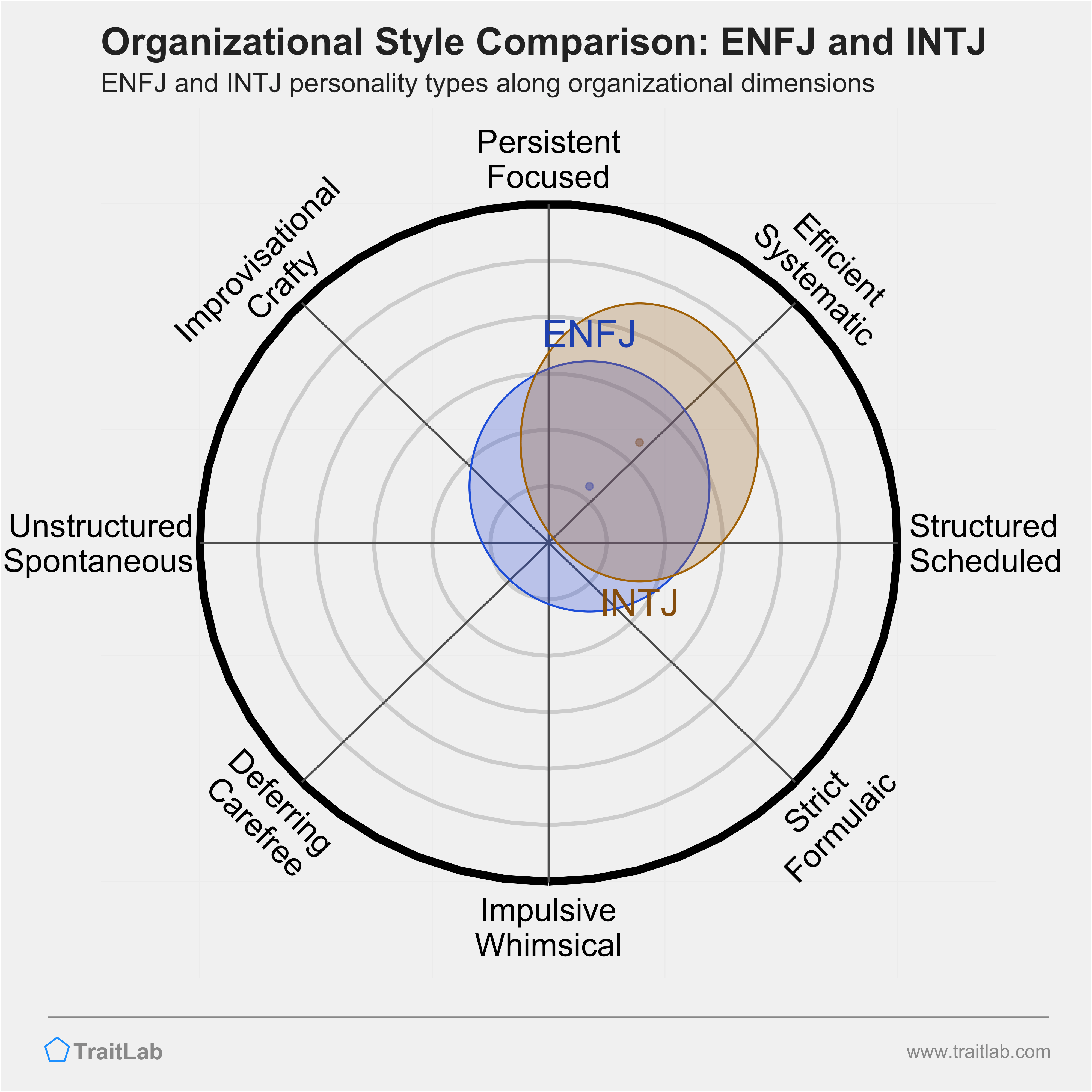 ENFJ and INTJ comparison across organizational dimensions