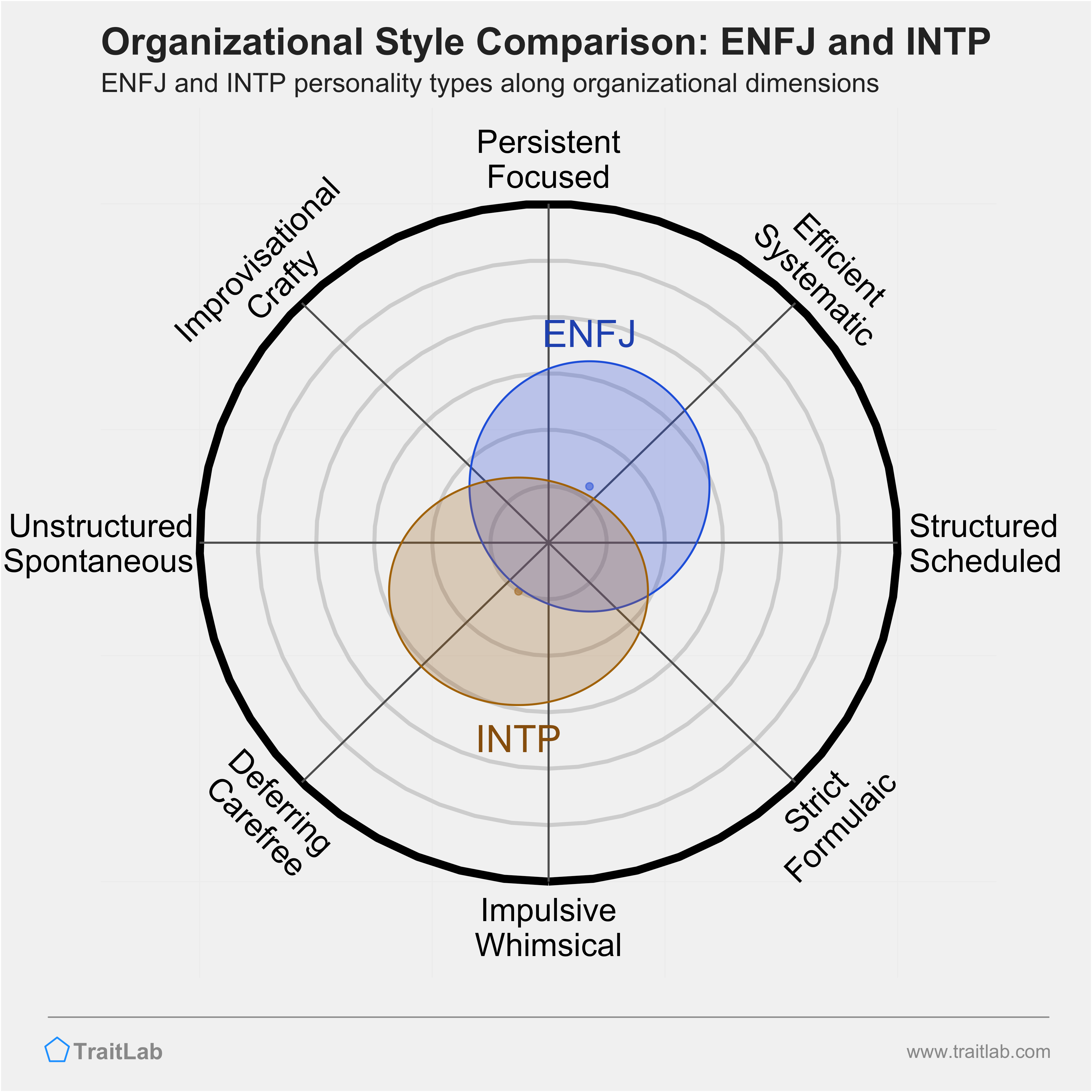 ENFJ and INTP comparison across organizational dimensions