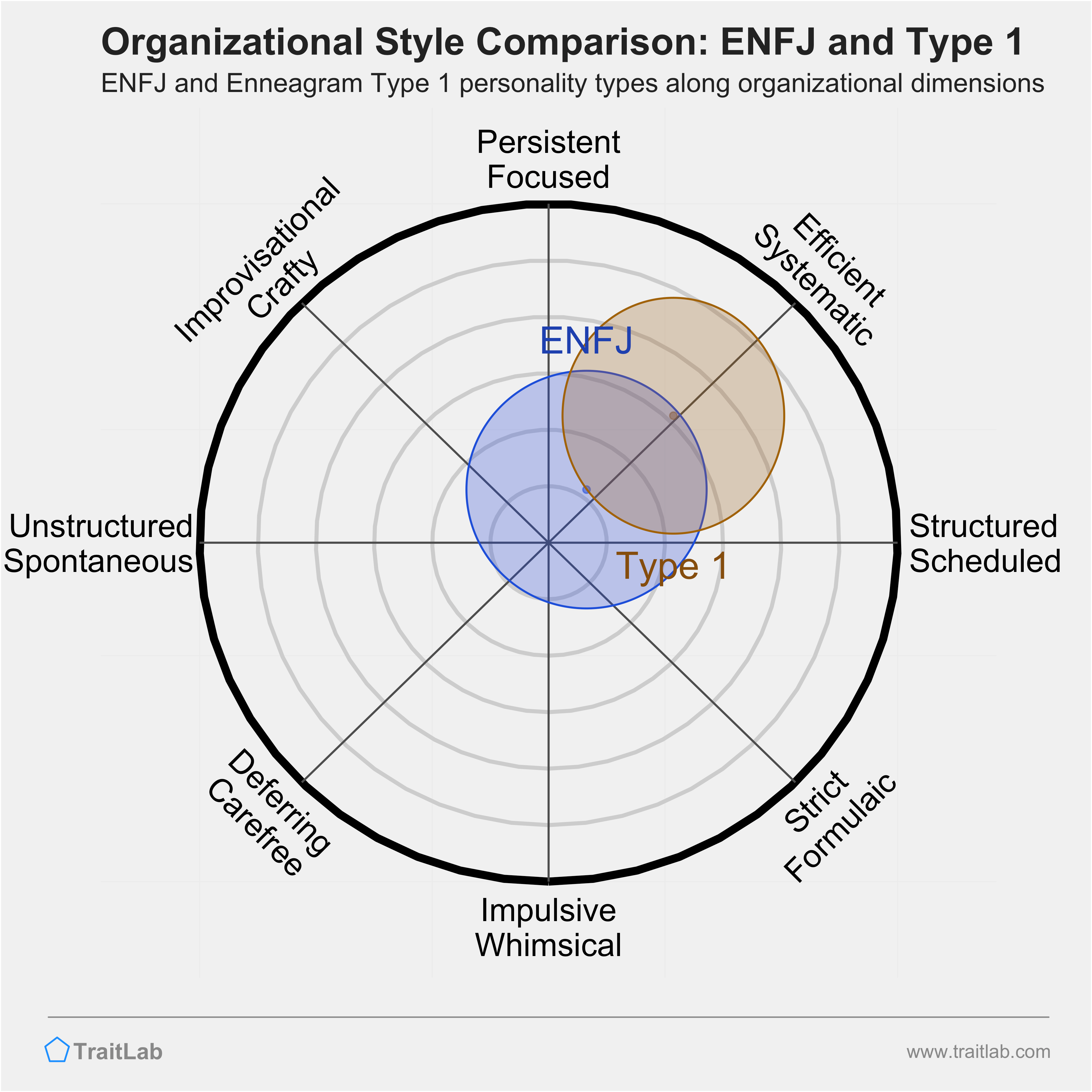 ENFJ and Type 1 comparison across organizational dimensions