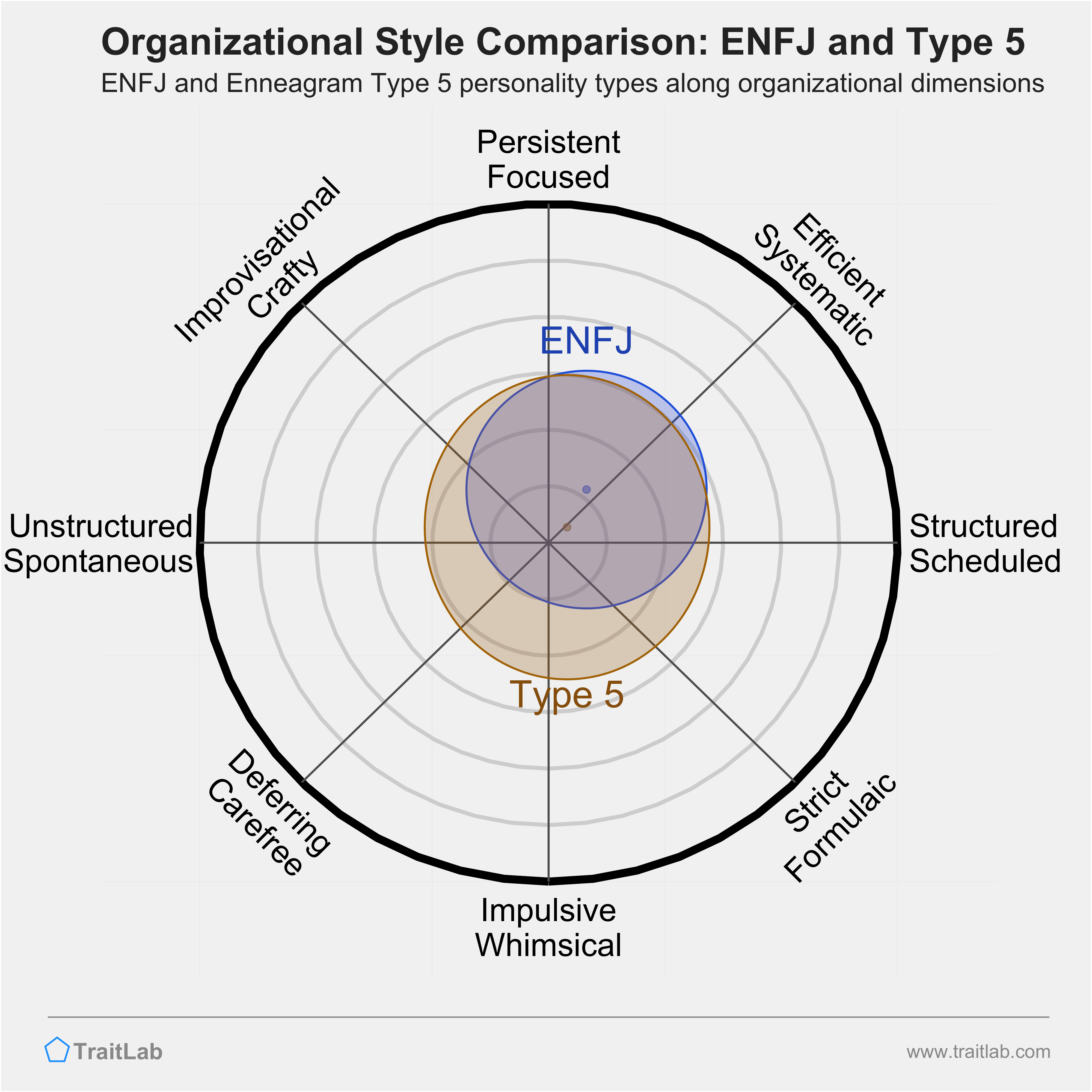 ENFJ and Type 5 comparison across organizational dimensions