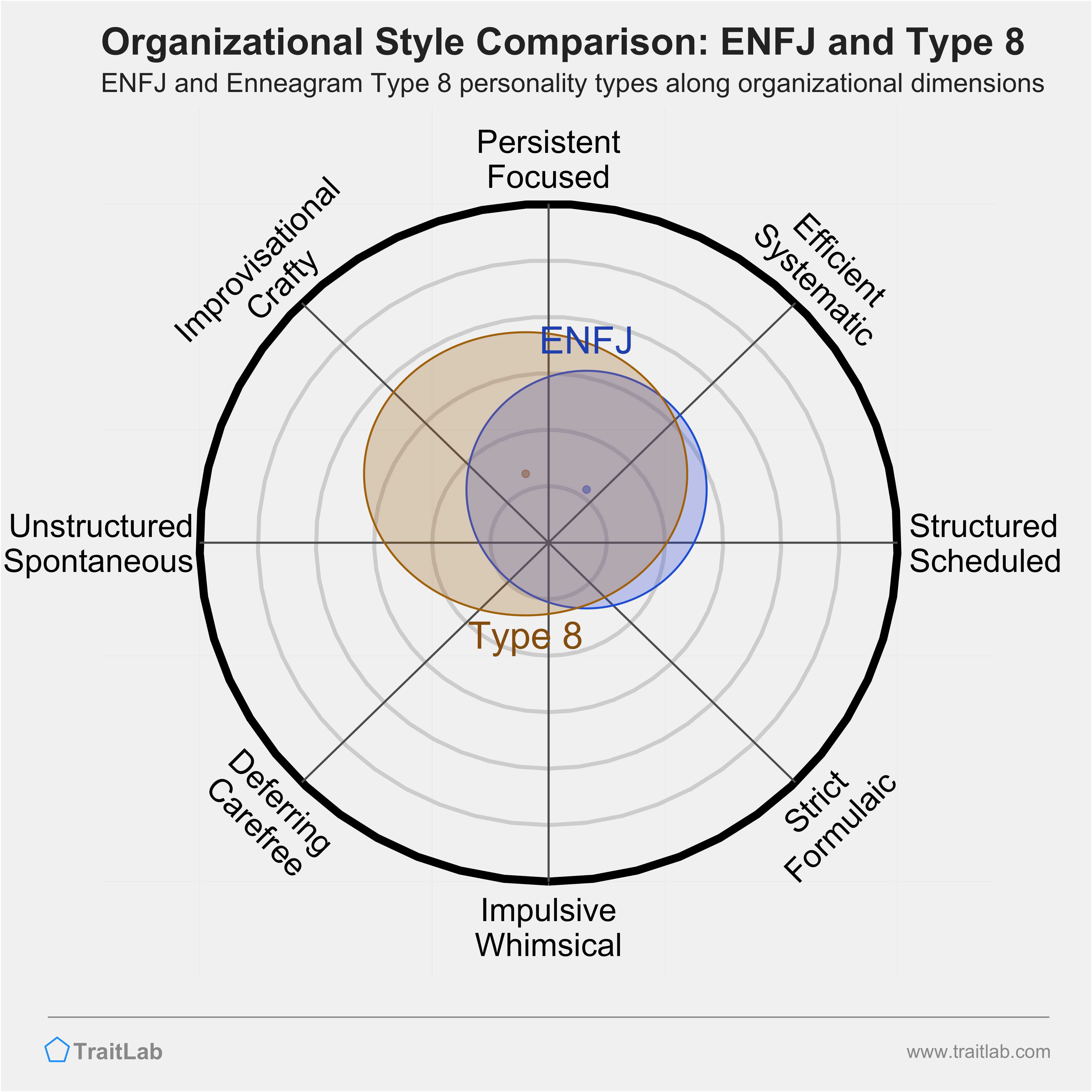 ENFJ and Type 8 comparison across organizational dimensions