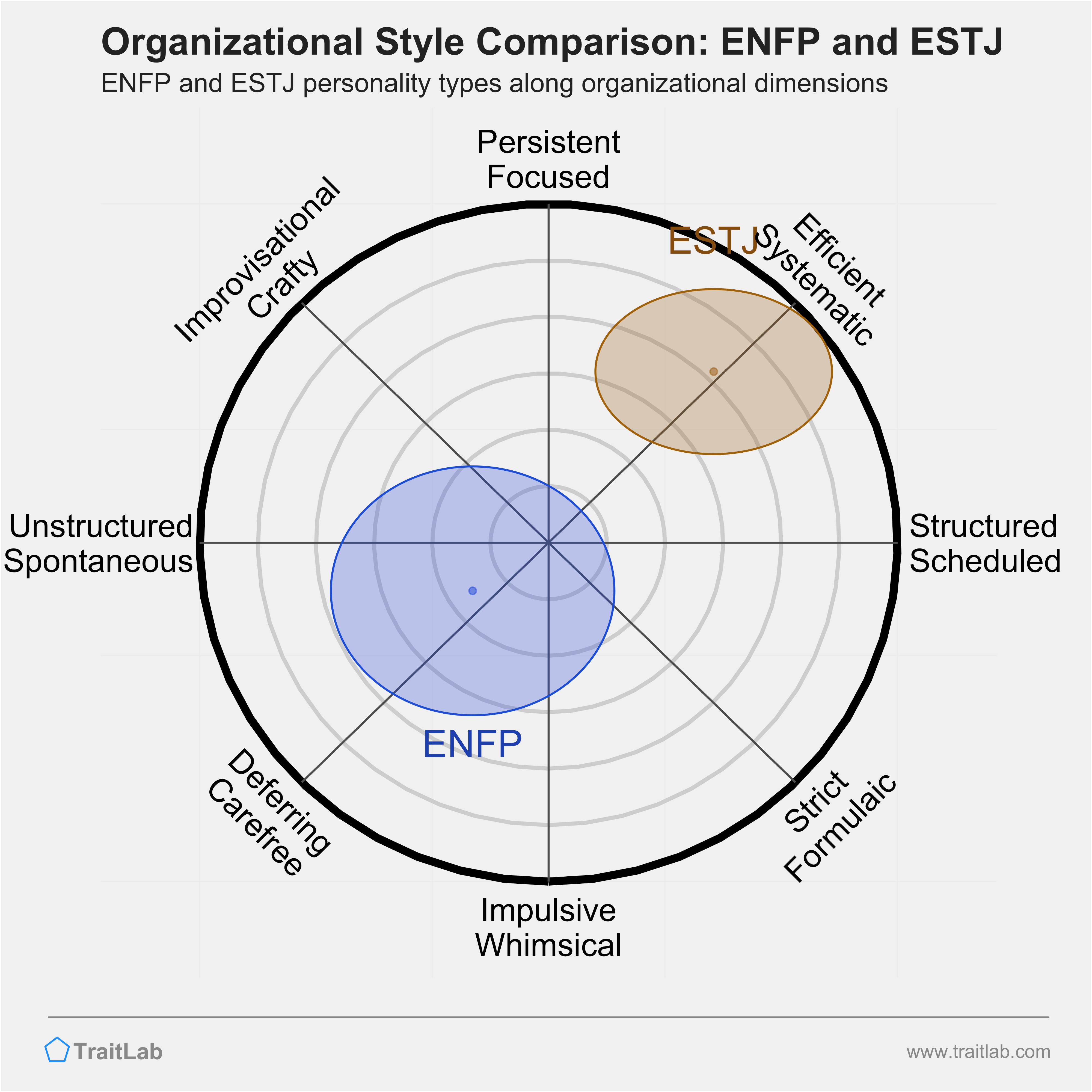 ENFP and ESTJ comparison across organizational dimensions
