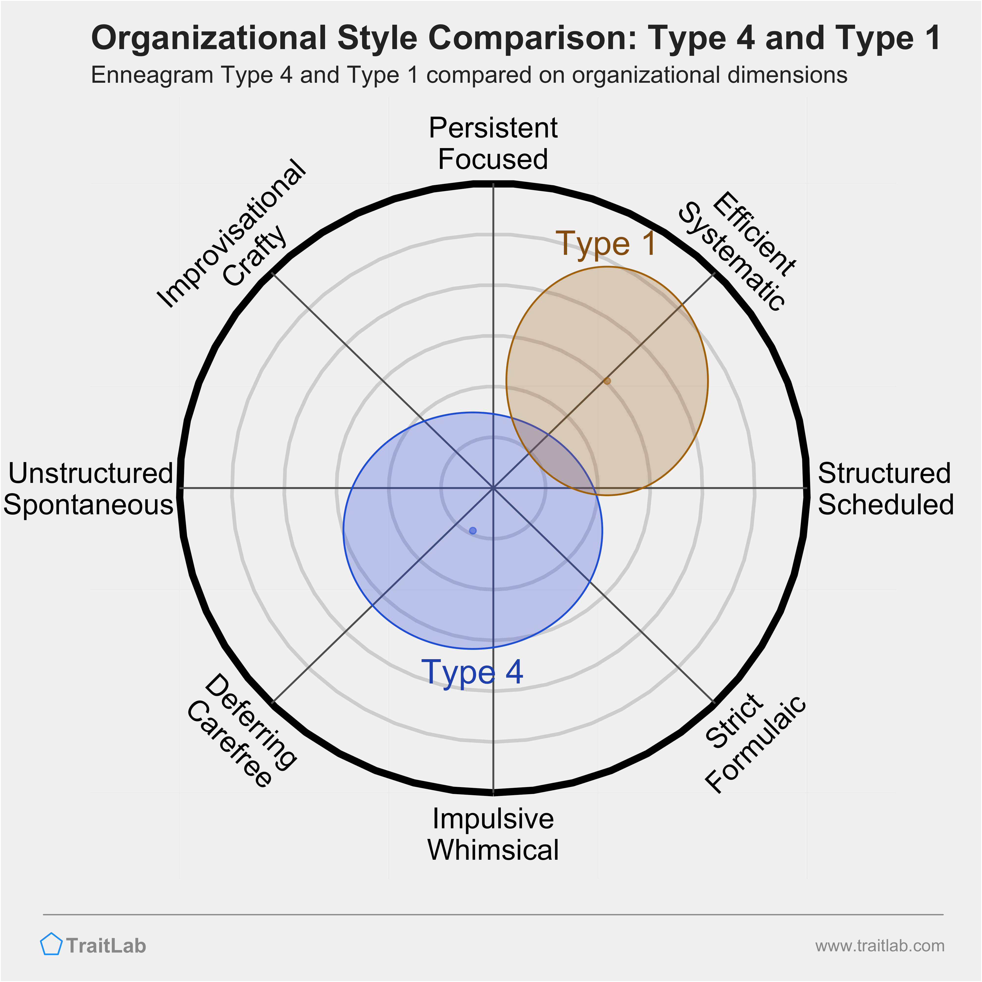 Type 4 and Type 1 comparison across organizational dimensions