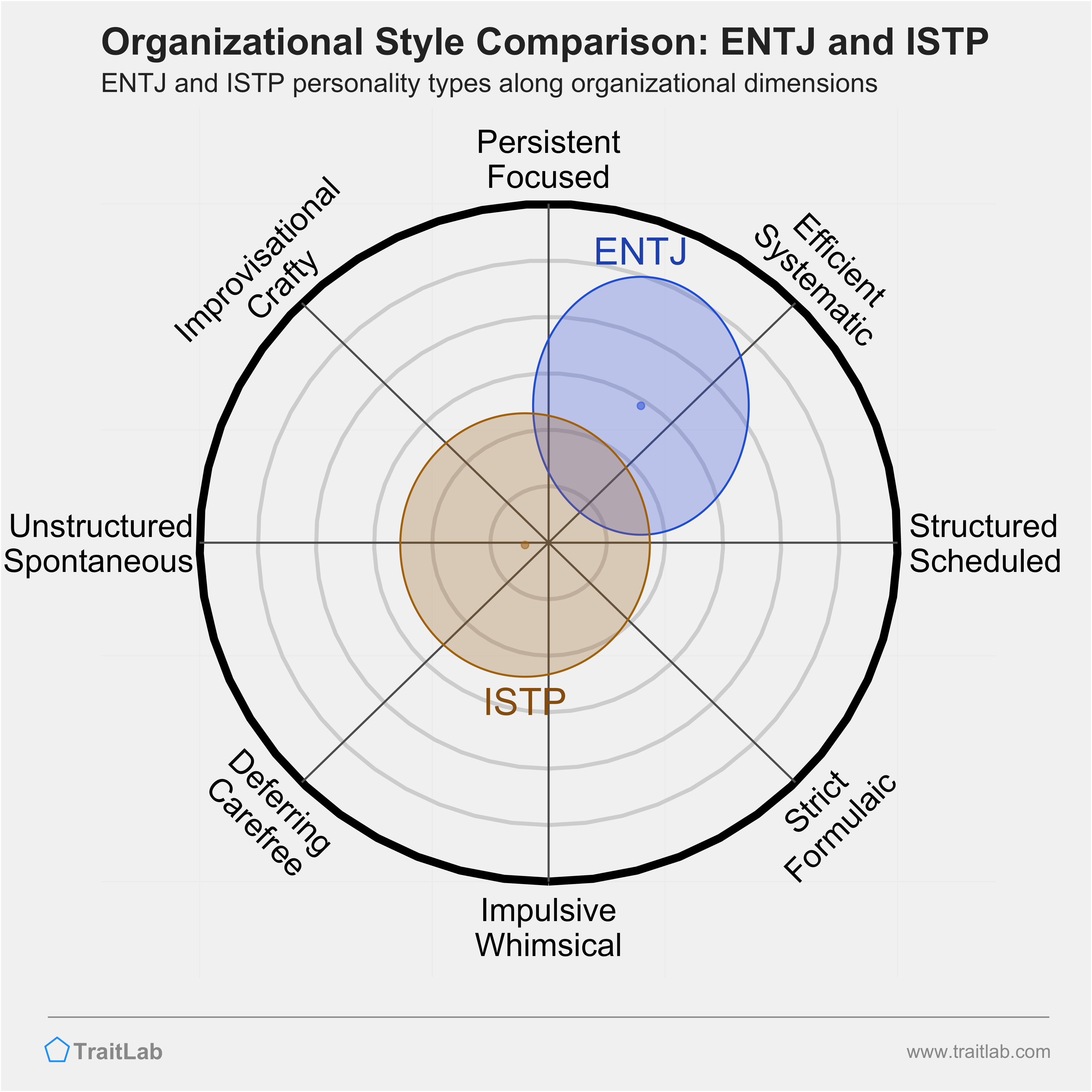 ENTJ and ISTP comparison across organizational dimensions