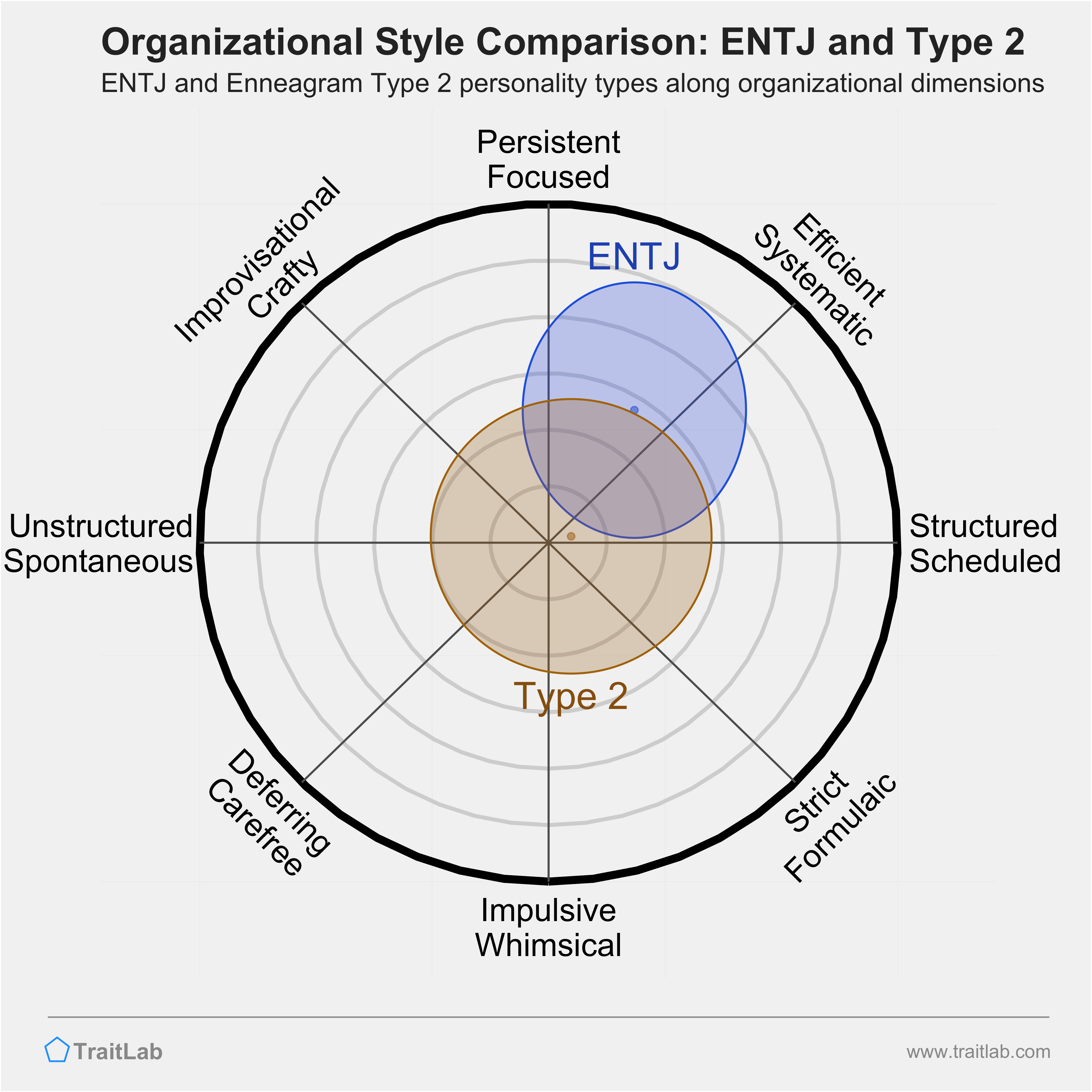 ENTJ and Type 2 comparison across organizational dimensions