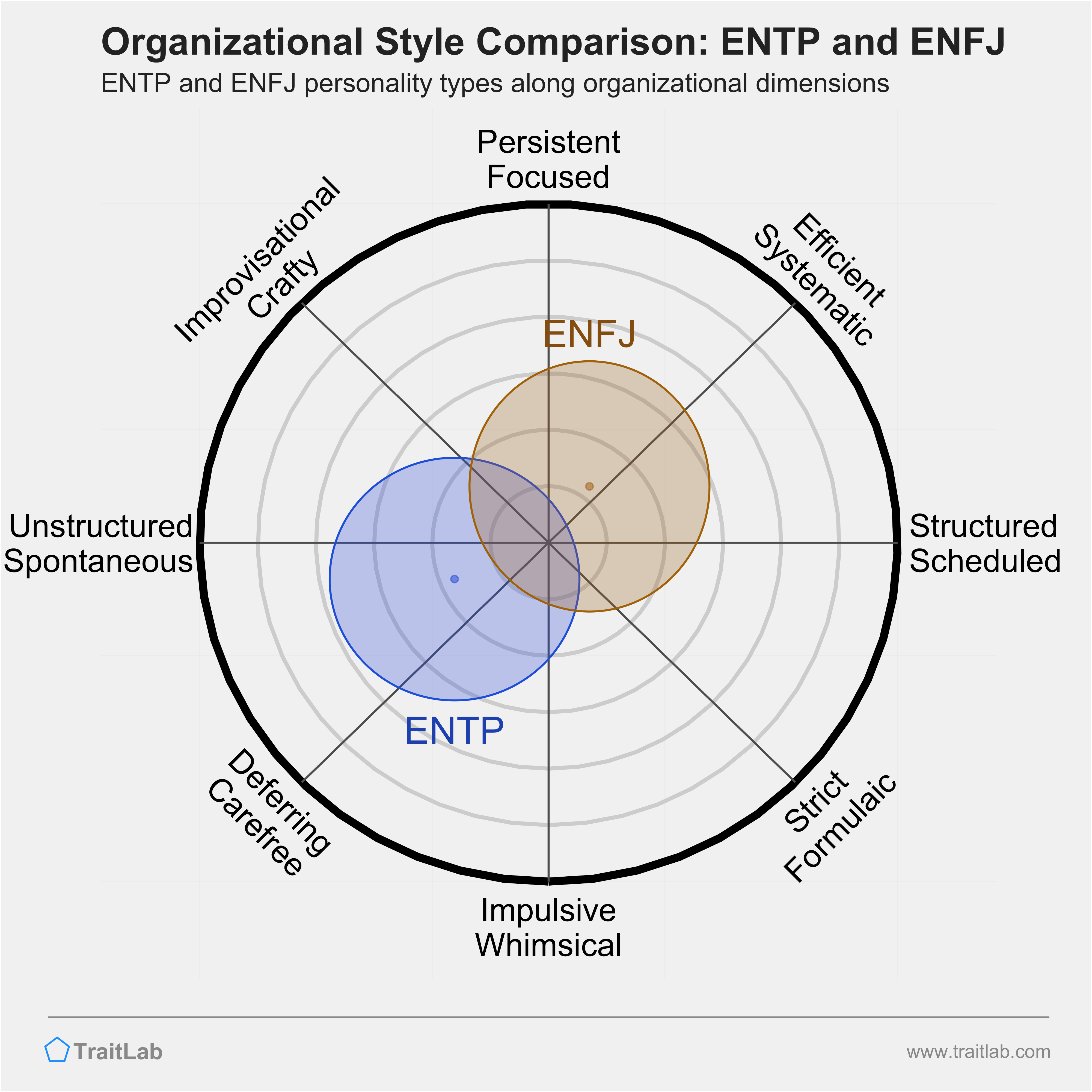 ENTP and ENFJ comparison across organizational dimensions