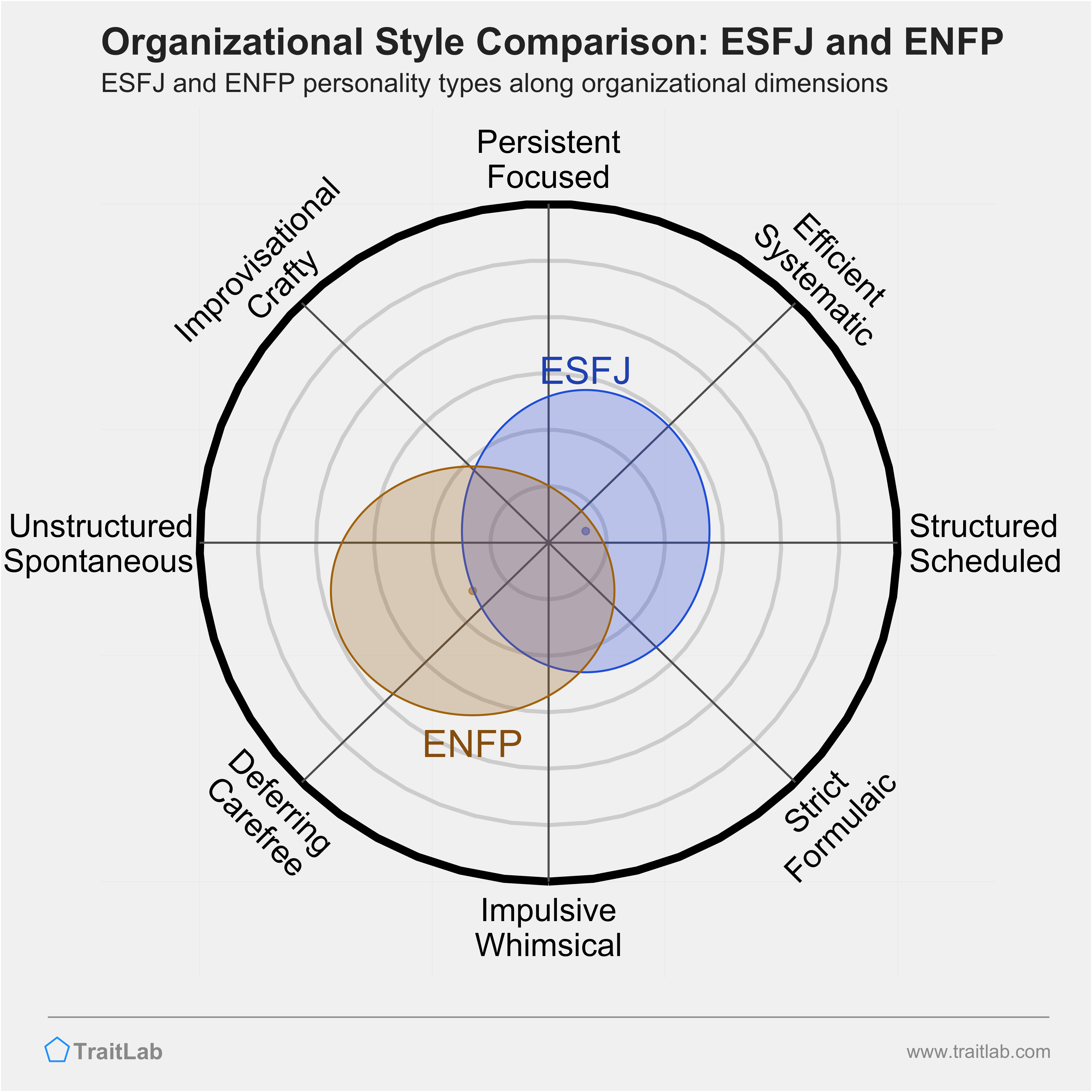 ESFJ and ENFP comparison across organizational dimensions