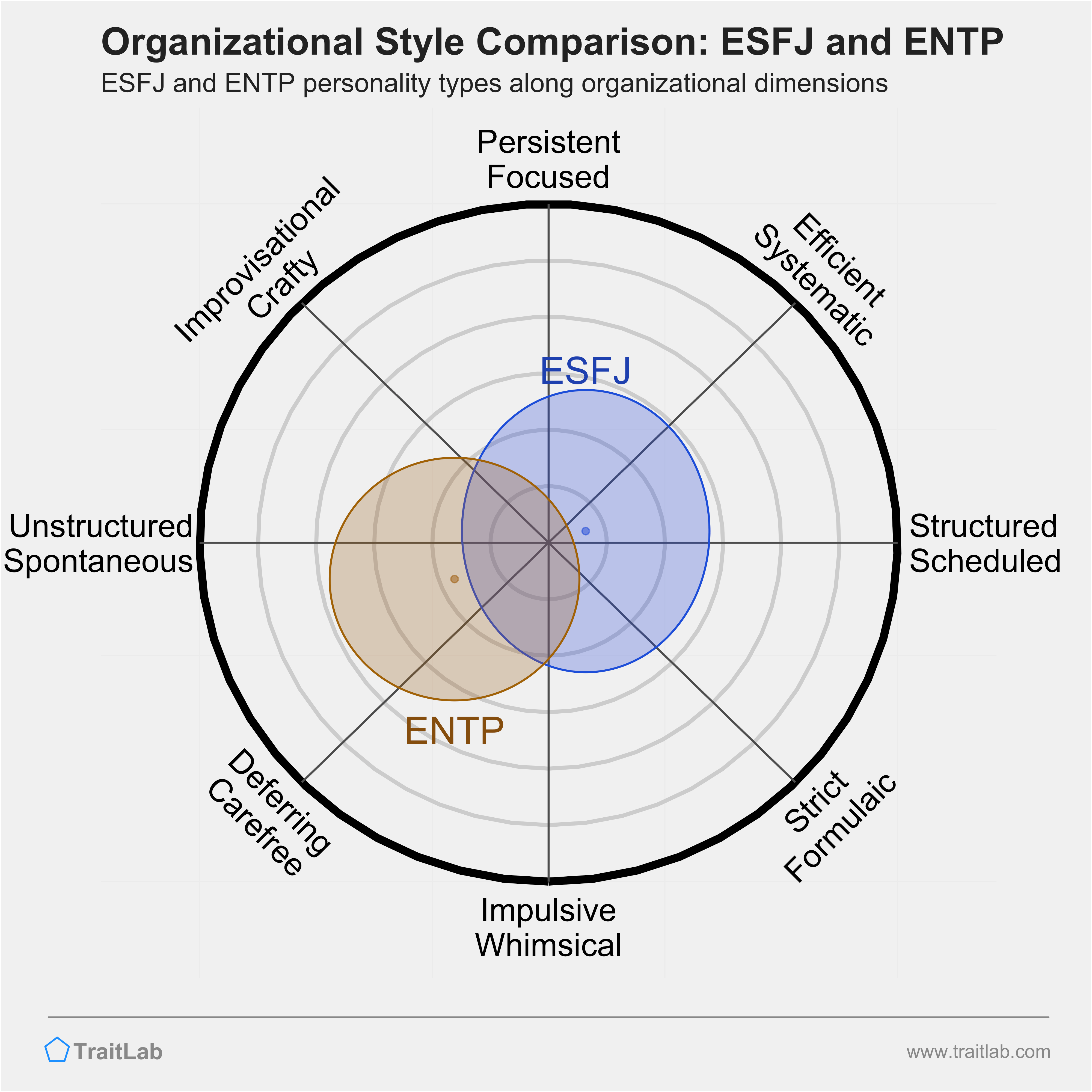 ESFJ and ENTP comparison across organizational dimensions
