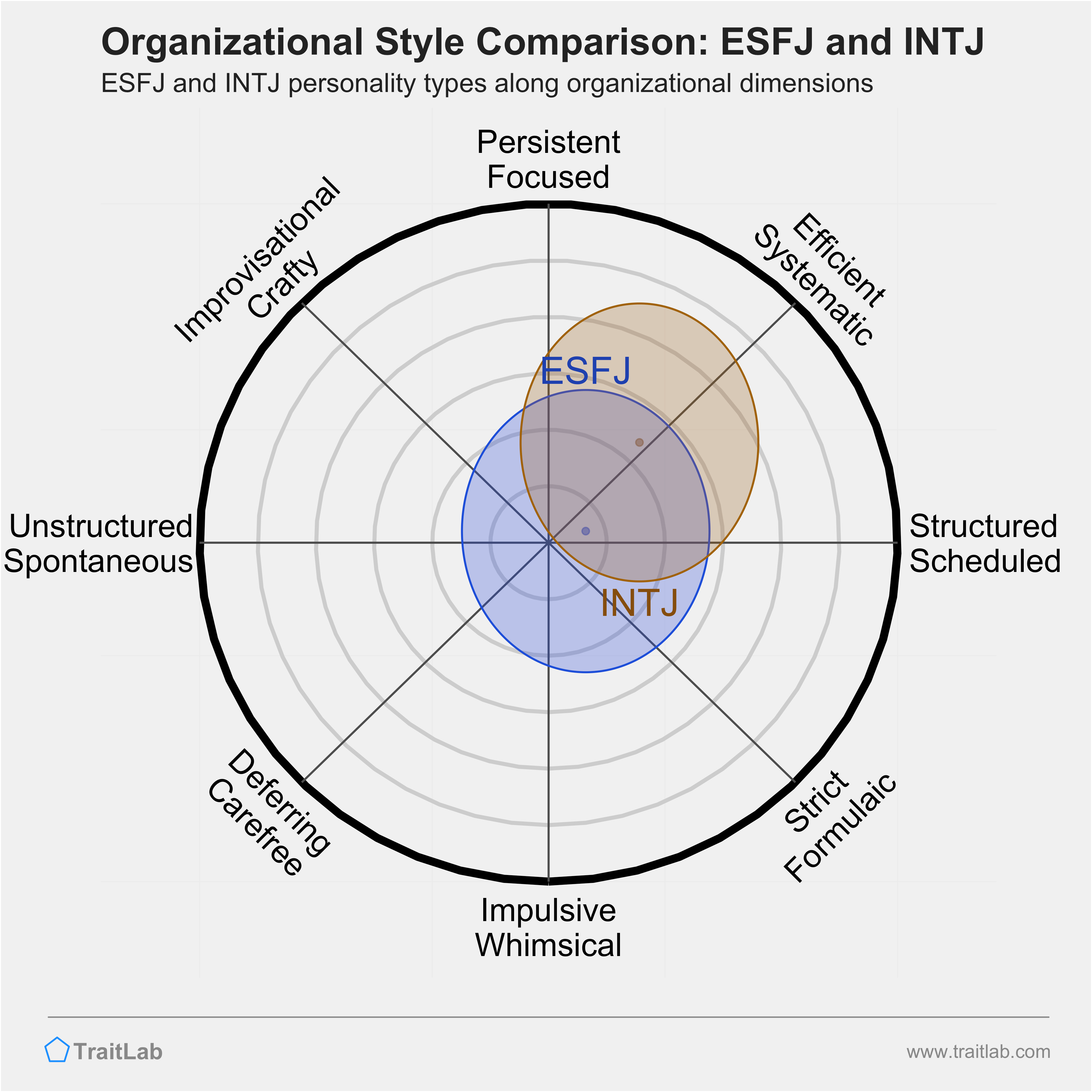 ESFJ and INTJ comparison across organizational dimensions