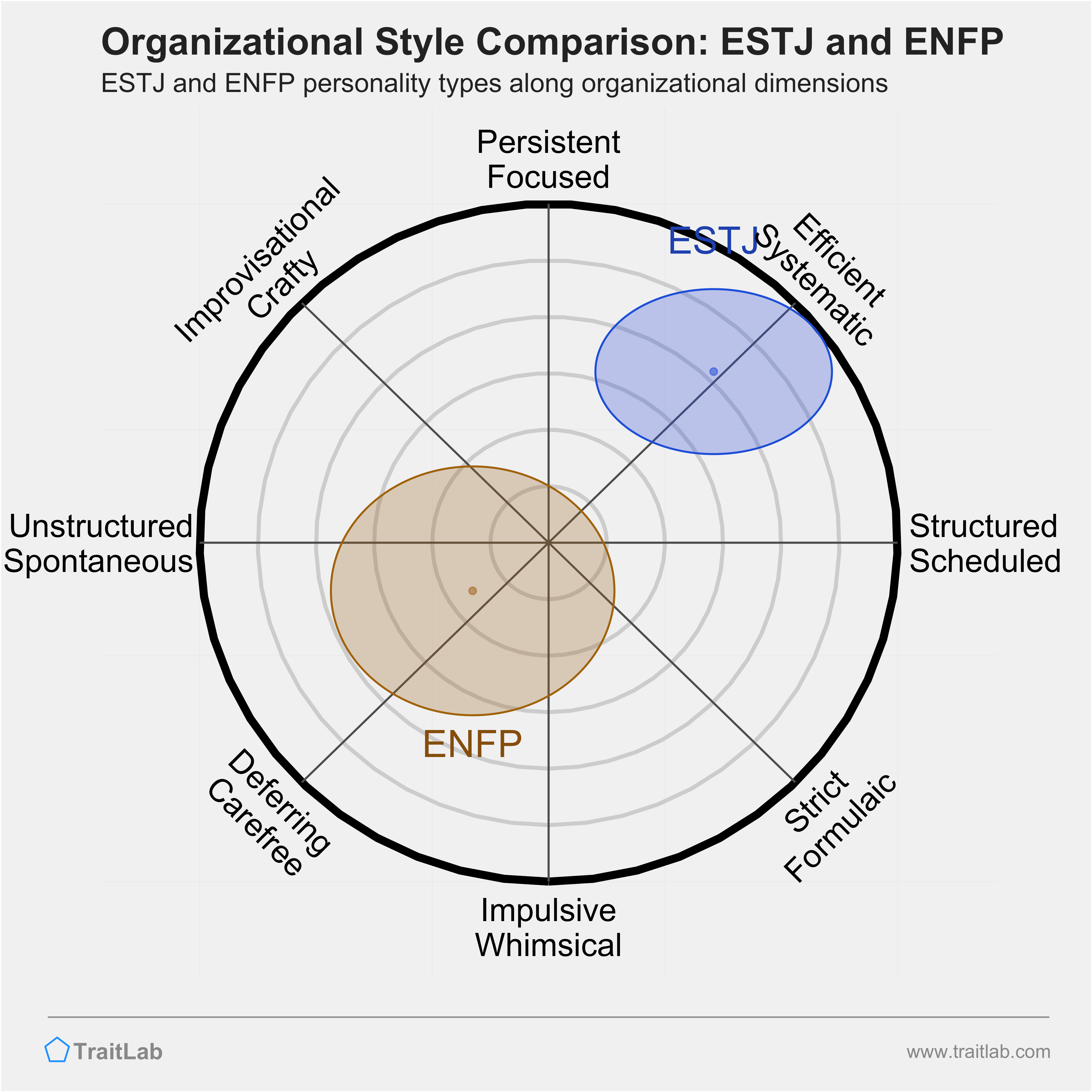 ESTJ and ENFP comparison across organizational dimensions