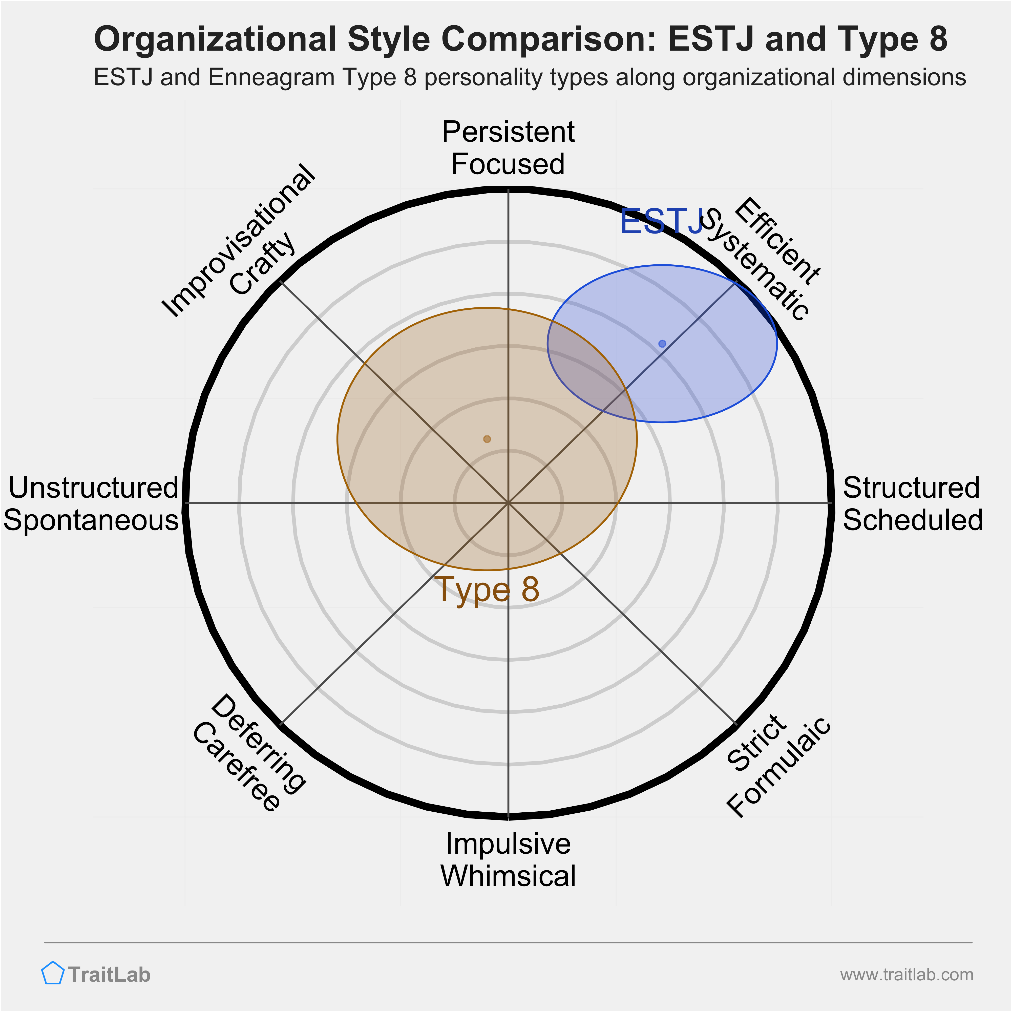 ESTJ and Type 8 comparison across organizational dimensions