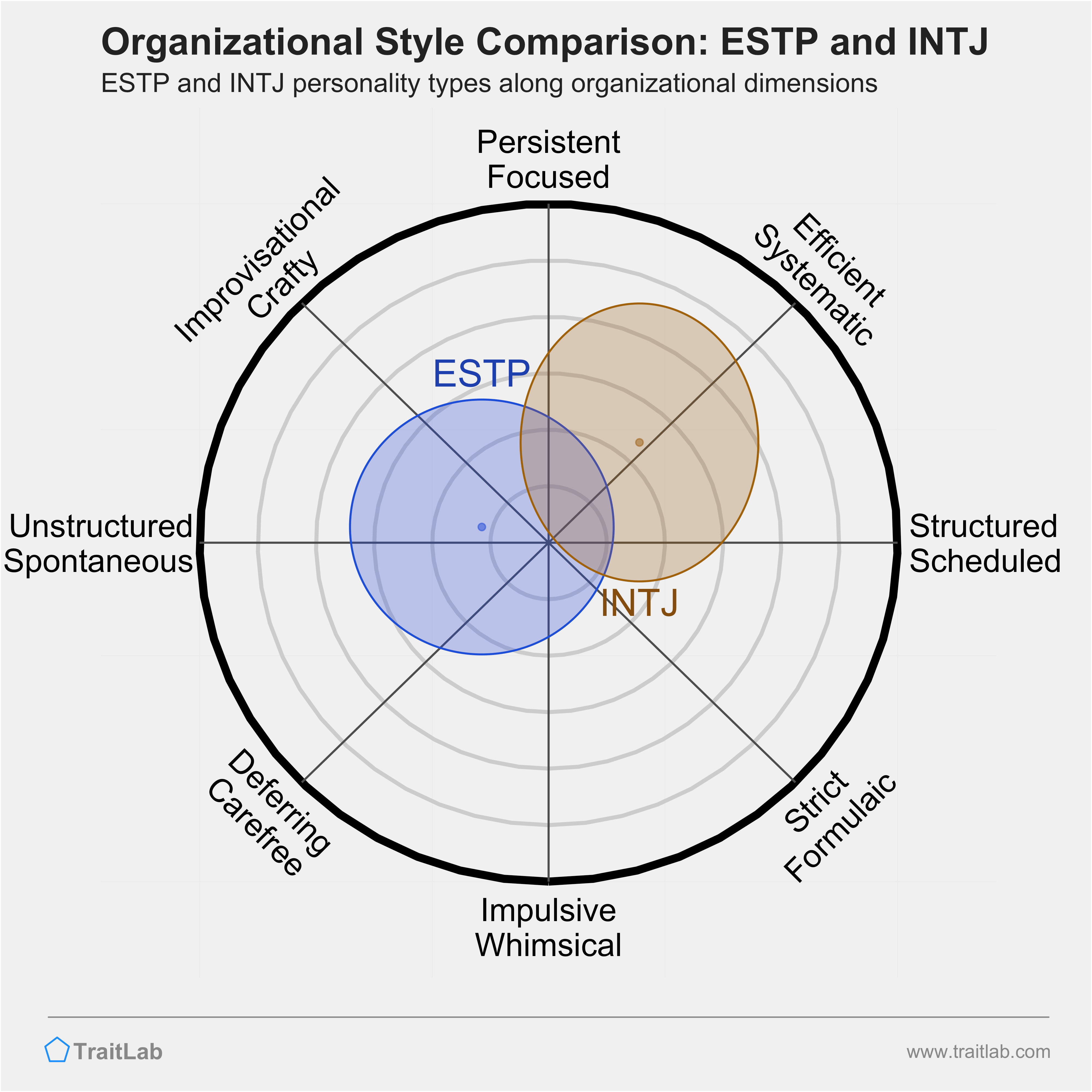 ESTP and INTJ comparison across organizational dimensions