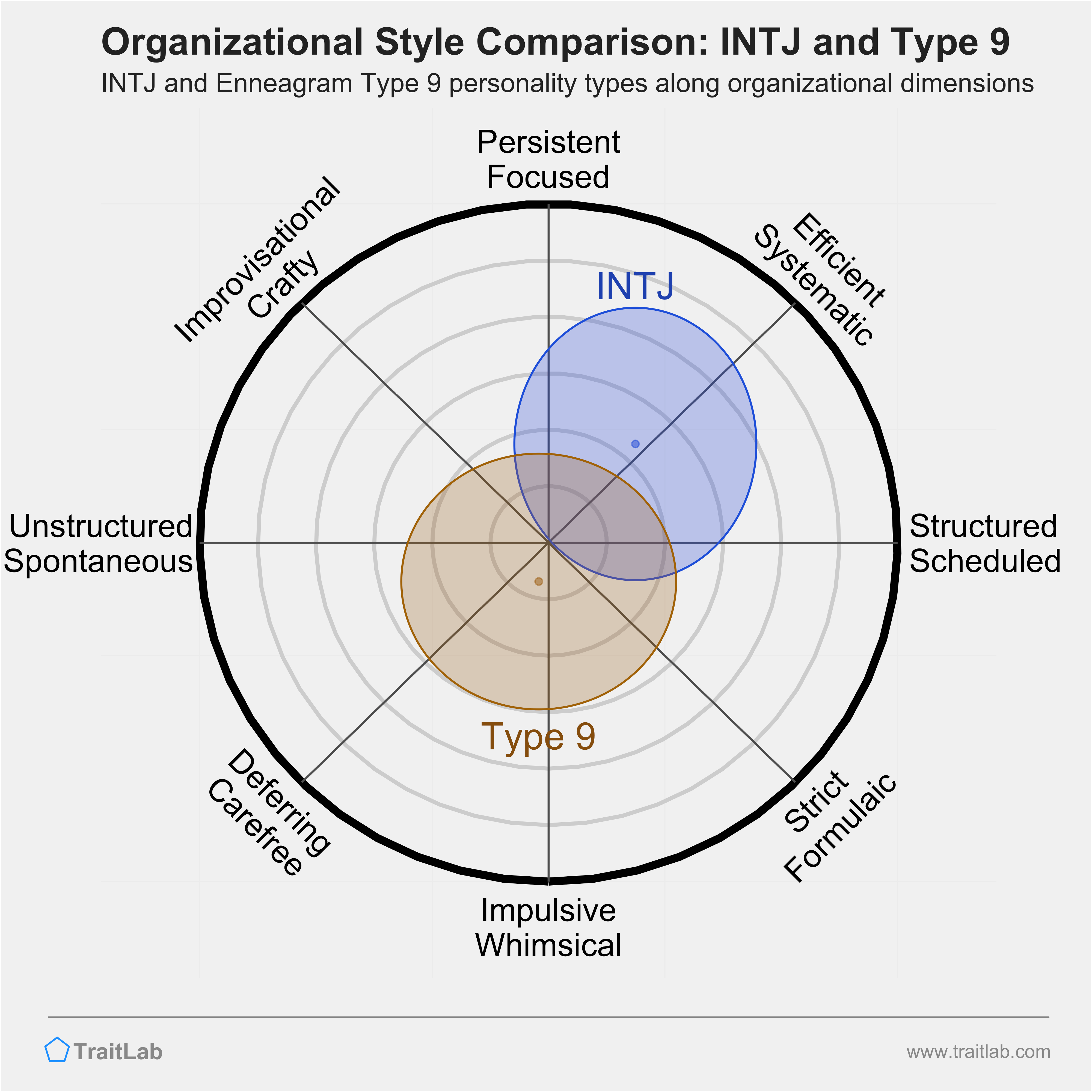 INTJ and Type 9 comparison across organizational dimensions