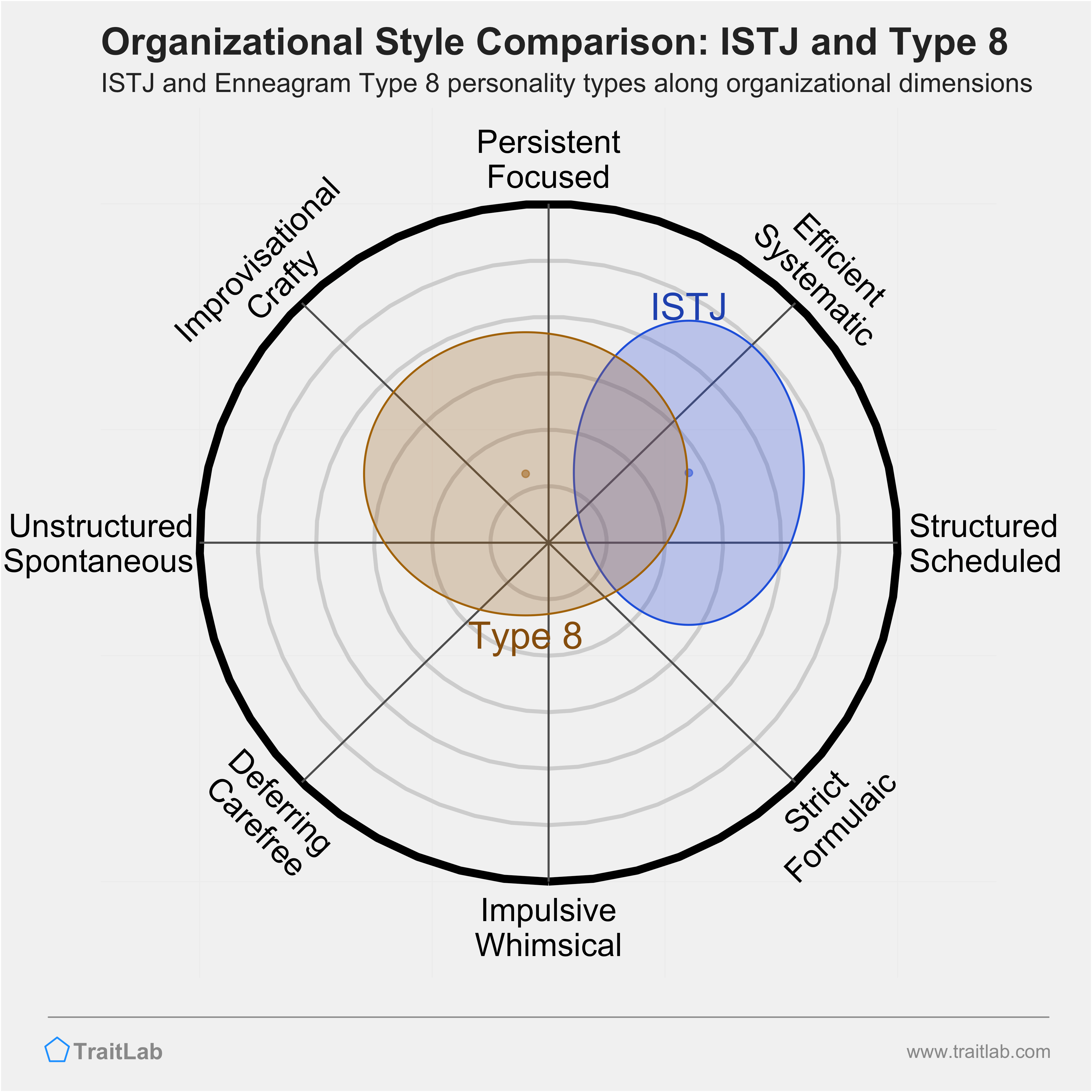 ISTJ and Type 8 comparison across organizational dimensions